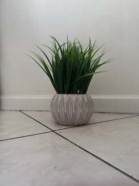 Mini Artificial Grass in Textured Ceramic Fluted Pot White Planter